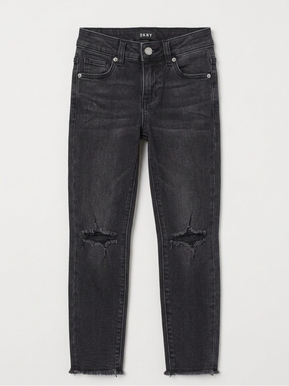 DKNY Kids Black Distressed Skinny Jeans Raw Hem Ripped Knee Stretch Denim Size 5